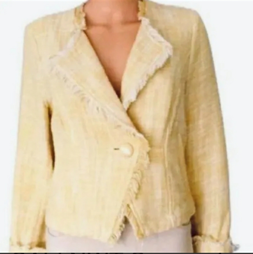 CAbi Crooped Buttercup Yellow Fringe Tweed Bolero Jacket Size S